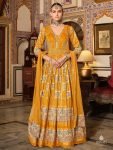 Charming Yellow Bandhani Printed Silk Haldi Wear Gown With Dupatta