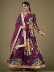 Stunning Purple Floral Printed Georgette Event Wear Gown With Dupatta