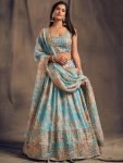 Sky Blue Floral Embroidered Organza Wedding Wear Lehenga Choli