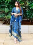 Glorious Blue Bandhej Print Gaji Silk Festival Wear Readymade Kaftan