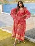 Exquisite Red Bandhej Print Gaji Silk Festival Wear Readymade Kaftan