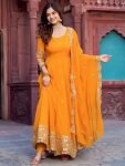Pretty Orange Thread Embroidery Georgette Gown With Dupatta