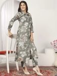 Gorgeous Grey Floral Printed Rayon Event Wear Kurti With Pant