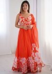 Orange Floral Print Anarkali Salwar Suit Set