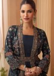 Navy Blue Chiffon Jacket Gown With Embroidered Belt
