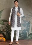 White Mirror Work Men Kurta With Stole