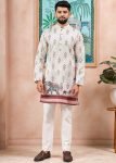 White Digital Print Men Kurta Pajama