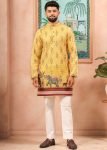 Yellow Men Cotton Kurta Pajama In Digital Print