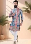 Blue Men Kurta Pajama In Geometric Print