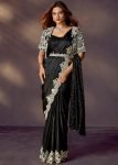 Black Satin Pre-Stitched Saree With Jacket & Belt