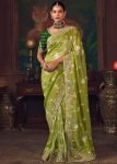 Green Silk Saree With Dark Green Zari Blouse