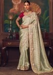 Mint Green Silk Saree With Red Zari Embroidered Blouse