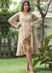 Off White Printed Frilled Dress In Georgette