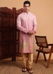 Pink Cotton Print Men Kurta