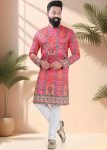 Red Printed Men Kurta Pajama