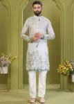 Men White Cotton Kurta Pajama With Print