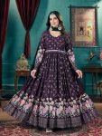 Enchanting Purple Foil Printed Georgette Bridesmaid Gown With Belt