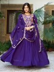 Timeless Purple Thread Embroidered Georgette Gown With Dupatta